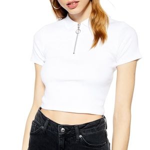 TOPSHOP Circle zipper cropped white polo
